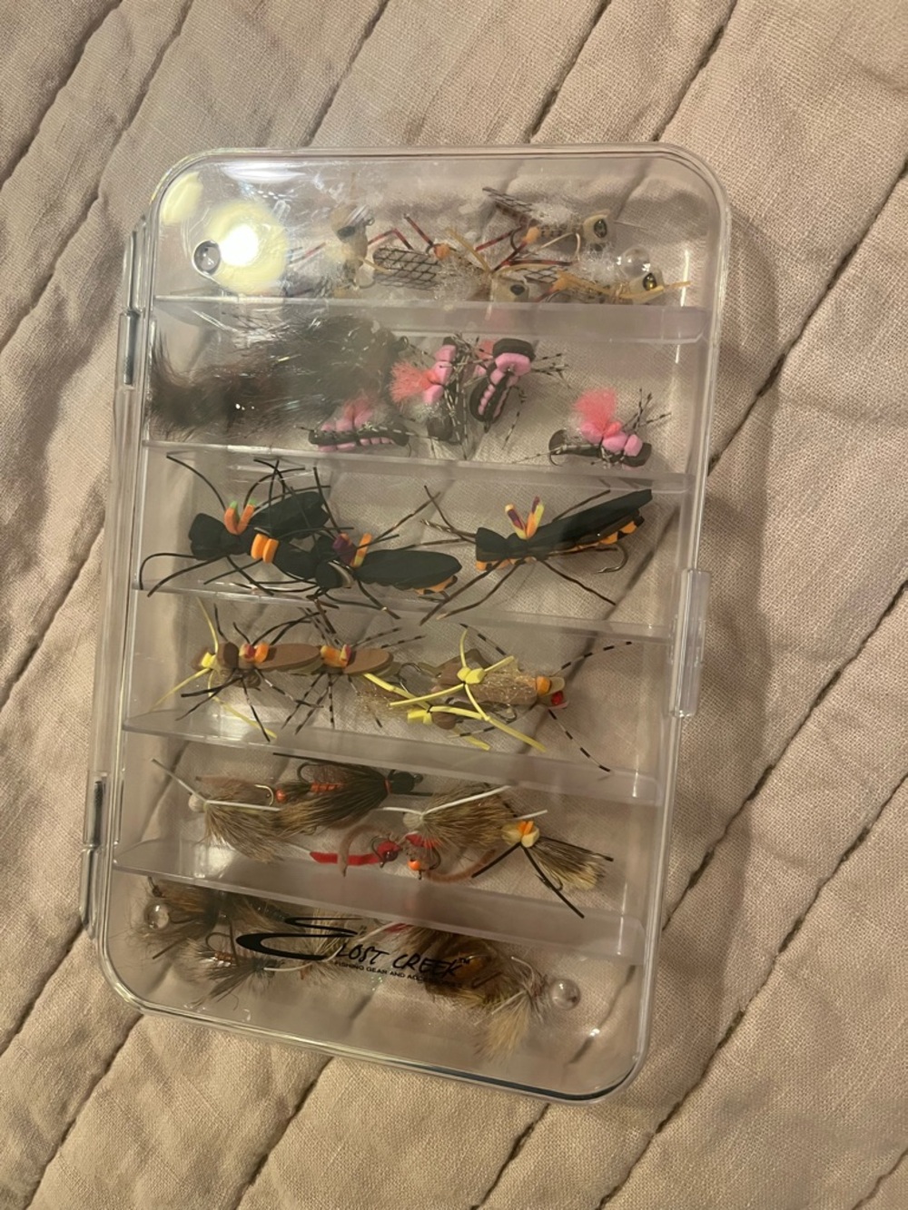 Assorted Fly Fishing Flies/Hoppers in Clear Box - 34 total